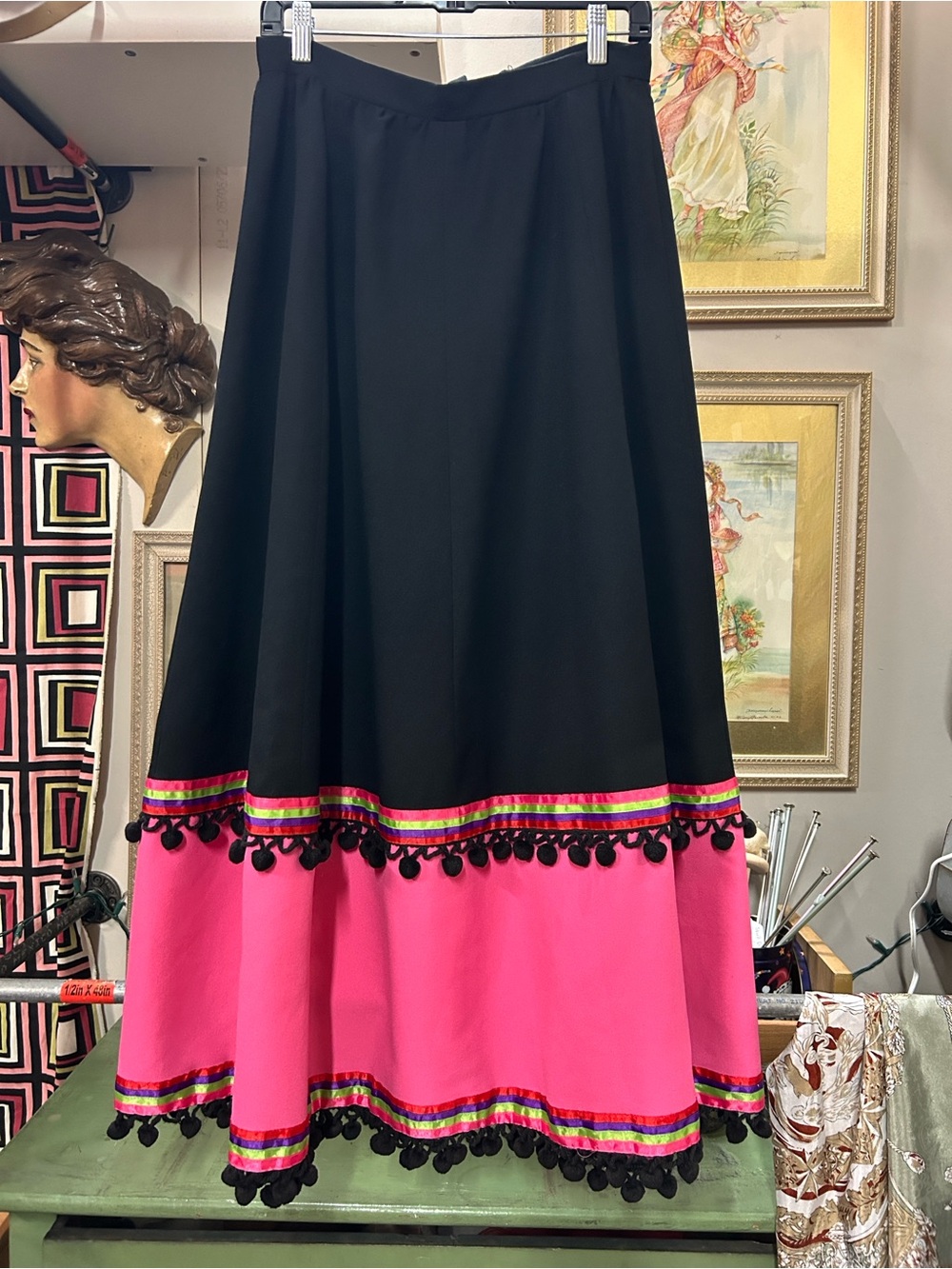 Vintage Spanish Inspired Black Maxi Skirt with Pink Hem and Pom-Pom Trim